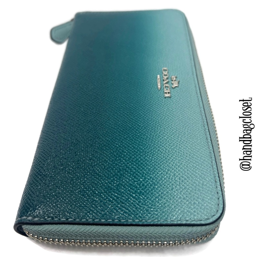 Coach Ombre Crossgrain Leather Zip Around Wallet F22808 Sea Green Teal - Picture 3 of 6